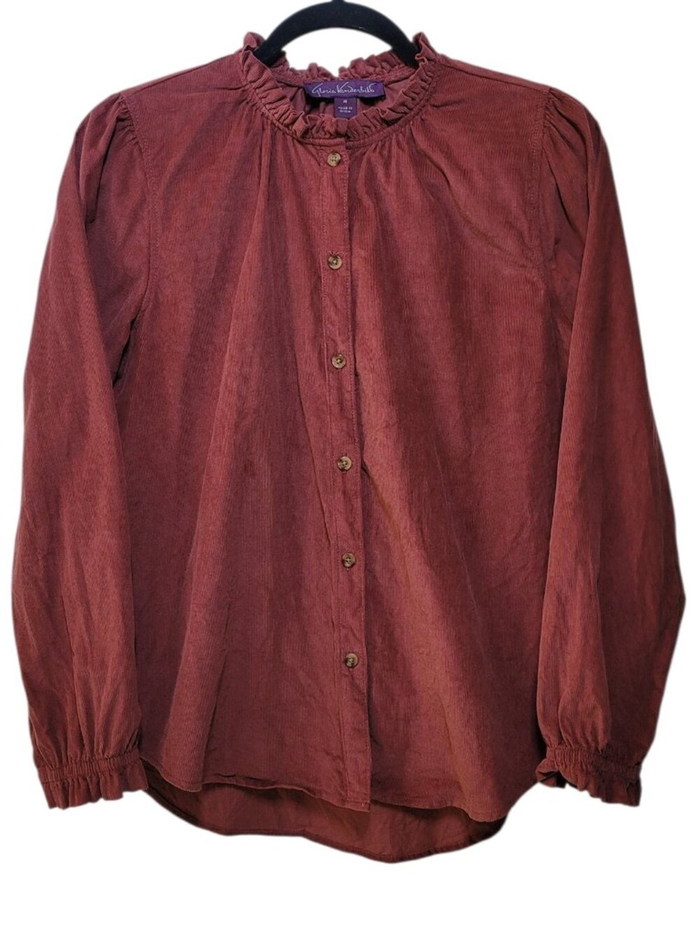 Gloria Vanderbilt Ruffle Neck Blouse Long Sleeve Cotton Corduroy Top Medium